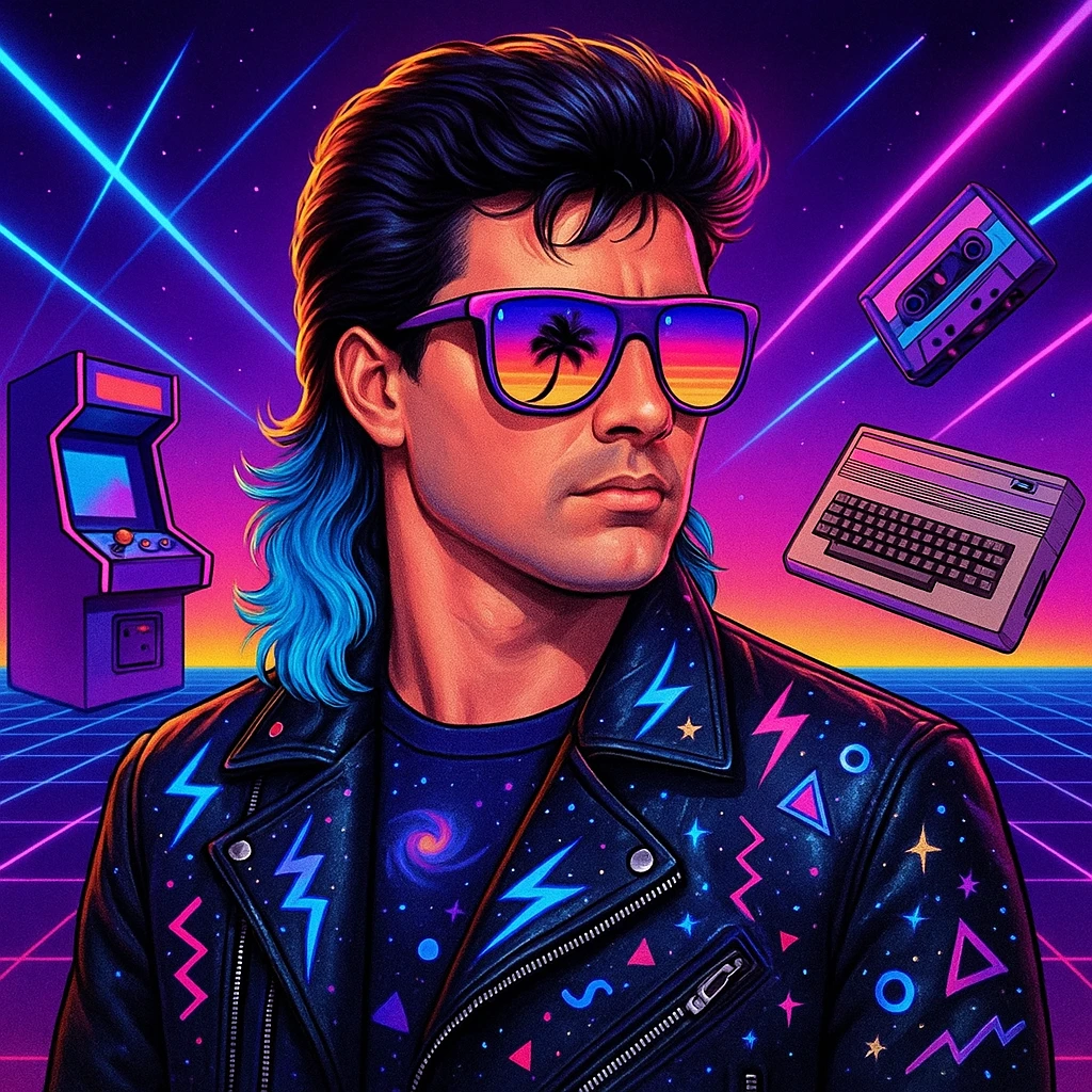 retro-futuristic 80s man with mullet hairstyle with neon blue ends, airbrushed sunglasses with pink to violet gradient and palm/sunset reflection, leather jacket with lightning, cosmic, and Memphis Design elements, neon gradient background with perspective grid, laser beams, cassettes, arcade games, Commodore 64, electric blue, fuchsia, turquoise, ultraviolet colors emoji