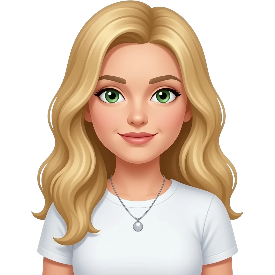 long blonde a little curl hair green eyes wearing white T-shirt, necklace emoji