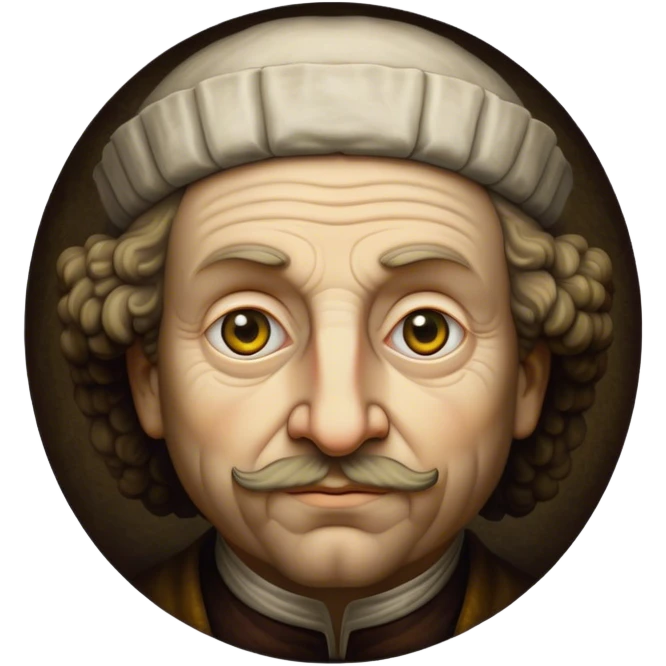 Cinematic Realistic Rembrandt Portrait Emoji, depicted as a master painter with deep reflective eyes and dramatic chiaroscuro, rendered with intricate textures and moody historic lighting that captures his timeless artistry. emoji