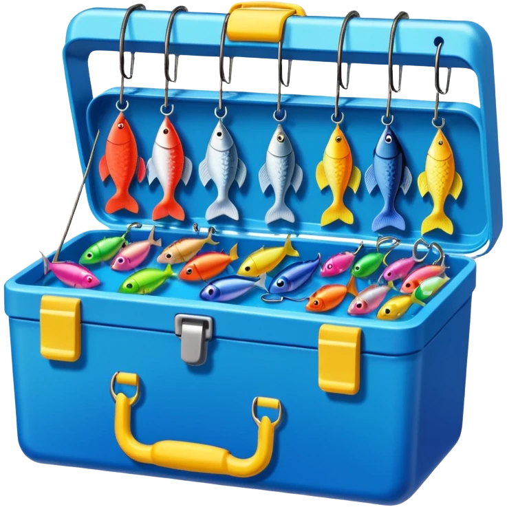 A tackle box filled with hooks, lures, and colorful bobbers.
 emoji