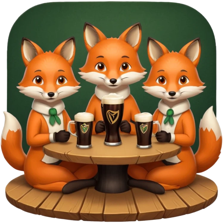 Three foxes sitting at a round table drinking Guinness emoji