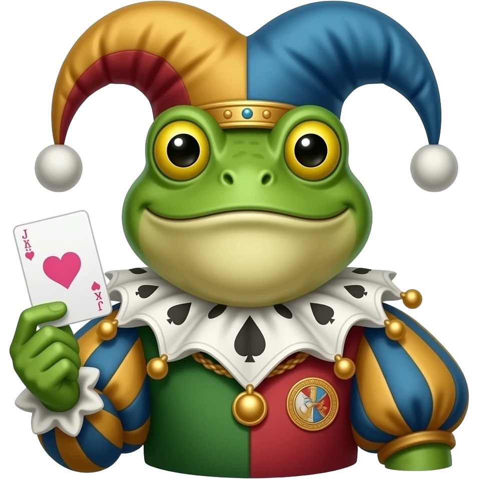 court jester frog medieval, single poker card joker clearly visible, pink, face only, round badge, court emoji