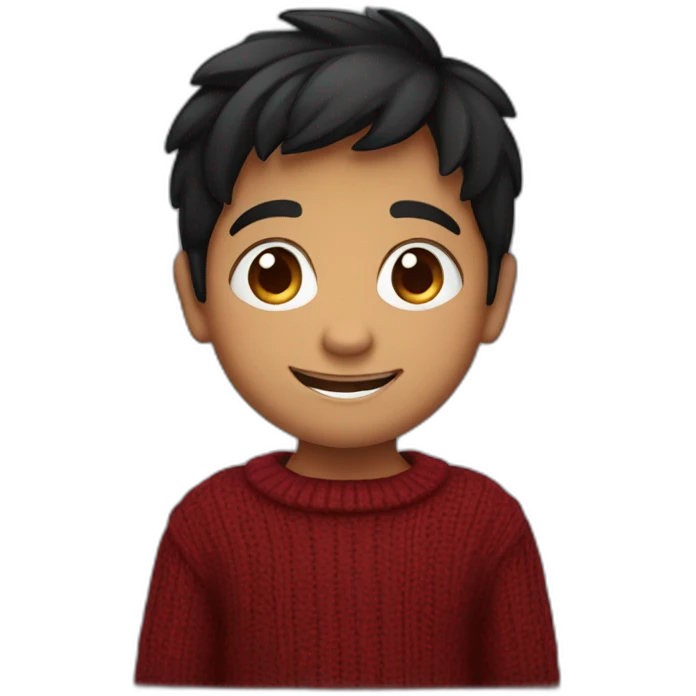 smiling and pointing north indian kid with chubby cheeks black hair wearing a dark red sweater emoji