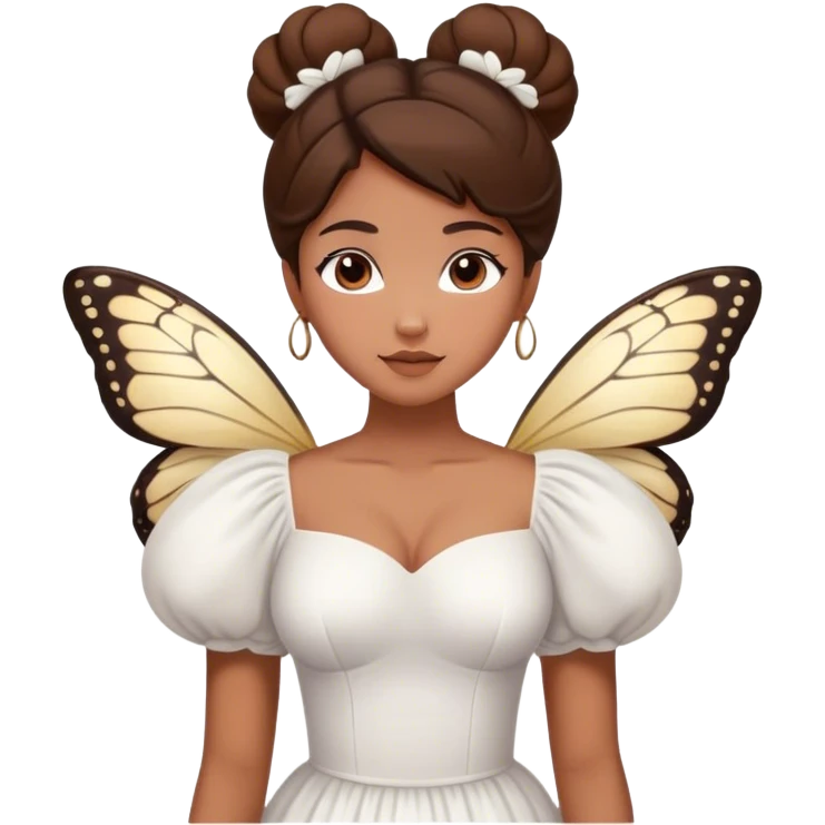 Brown skinned Filipina woman in white butterfly puffy sleeved dress with her brown hair in a bun  emoji