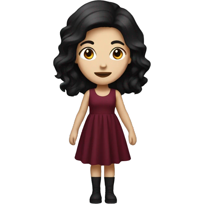 White Girl with black hair wearing maroon dress standing emoji