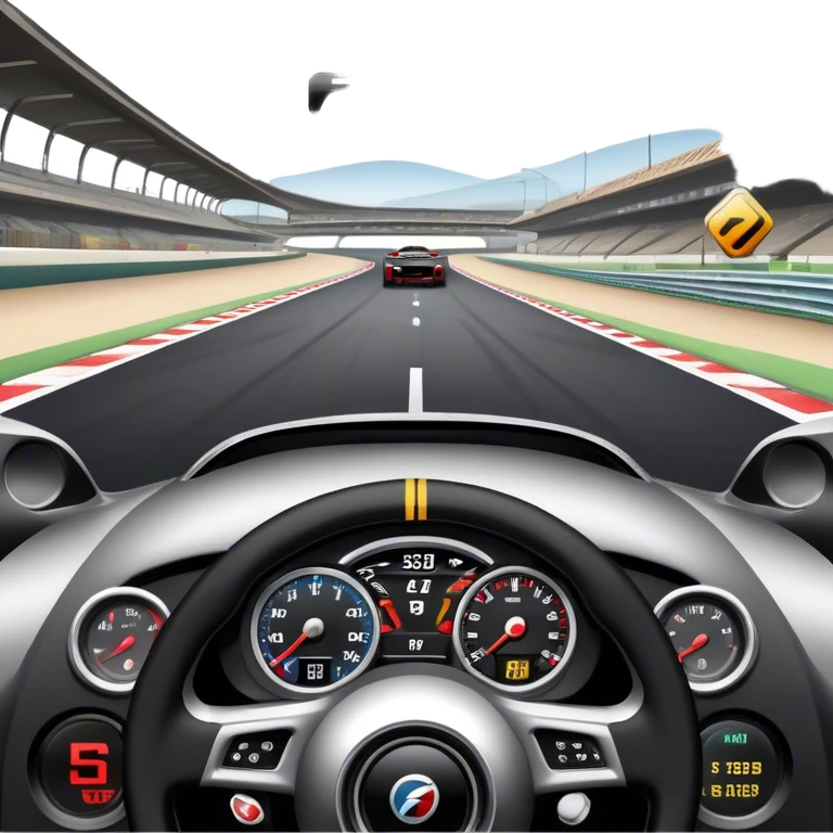 An icon showing a racing game interface, inspired by Grand Turismo. The design features a garage with a selection of high-performance cars, along with race track visuals in the background. Speedometer, lap timer, and other HUD elements add to the excitement. Transparent background emoji
