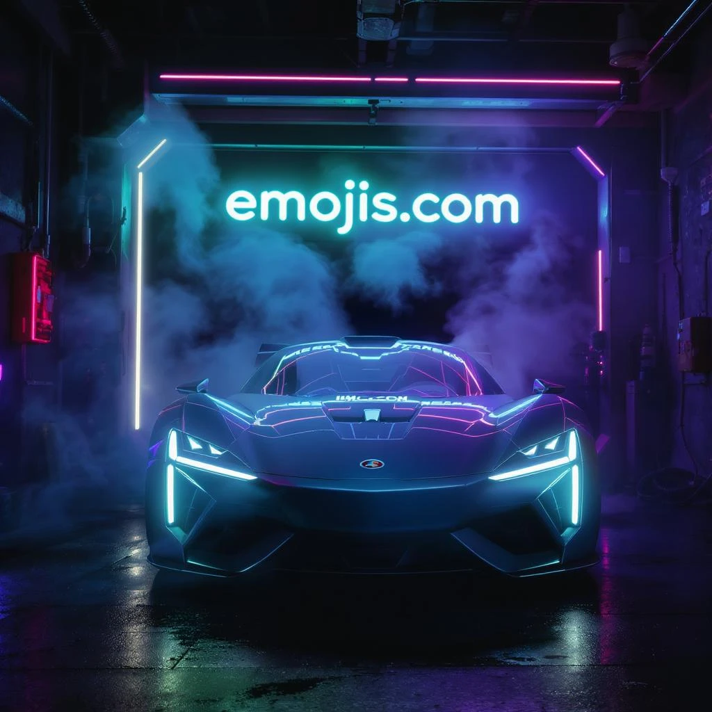 Cinematic still of a futuristic car parked front to camera inside neon garage with led behind saying "emojis.com", room fill with haze, very detailed and futuristic ,inspired by cyberpunk 2077 emoji