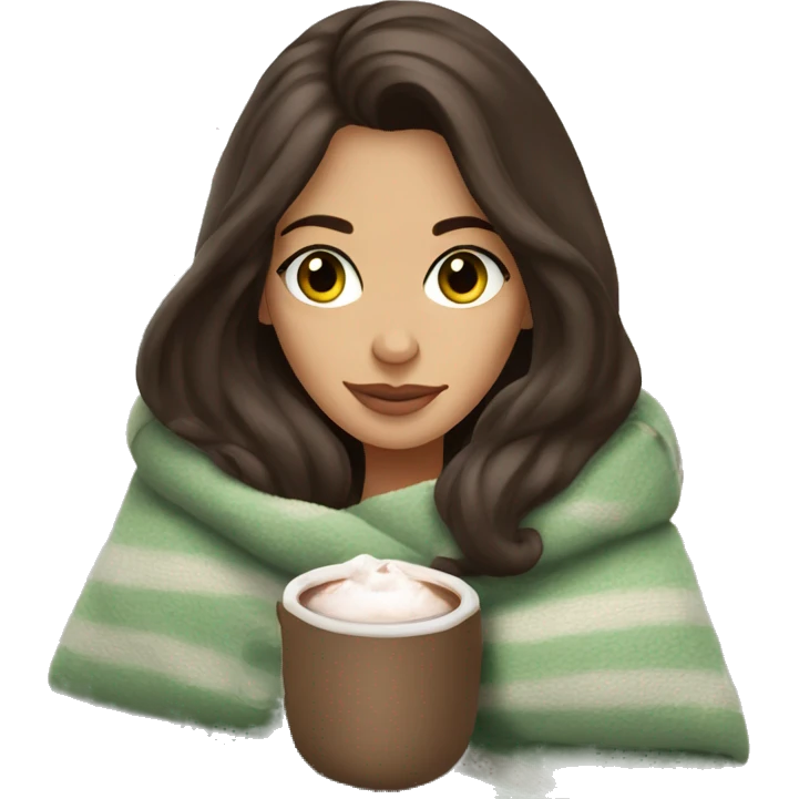 Brunette girl with grey-green eyes in cozy vibes in blanket with hot chocolate  emoji