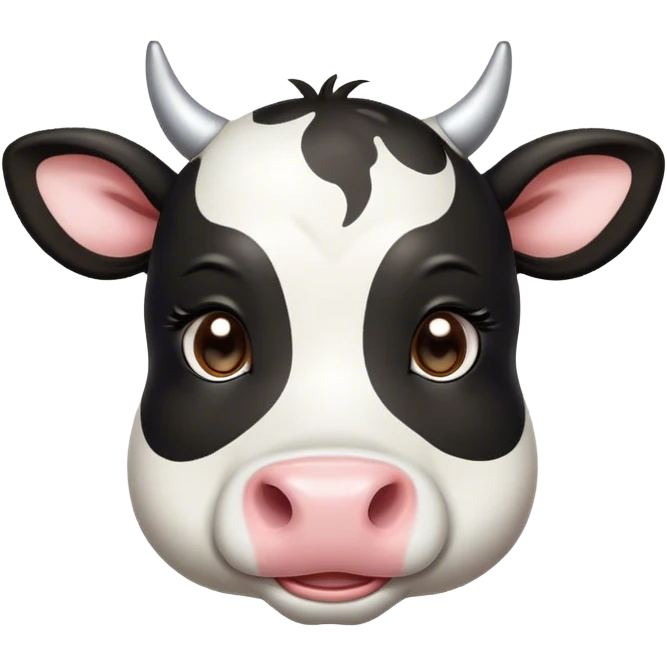 Cinematic Cute Black and White Cow Portrait Emoji, Head tilted playfully and inquisitively, featuring a glossy, contrasting coat of black and white, round, sparkling brown eyes filled with gentle curiosity, Simplified yet irresistibly adorable features, highly detailed, glowing with a warm, friendly glow, high shine, affectionate and serene, stylized with a touch of contemporary charm, bright and endearing, soft glowing outline, capturing the essence of a mischievous yet loving cow, so playful it feels like it could moo out of the screen and into your arms! emoji