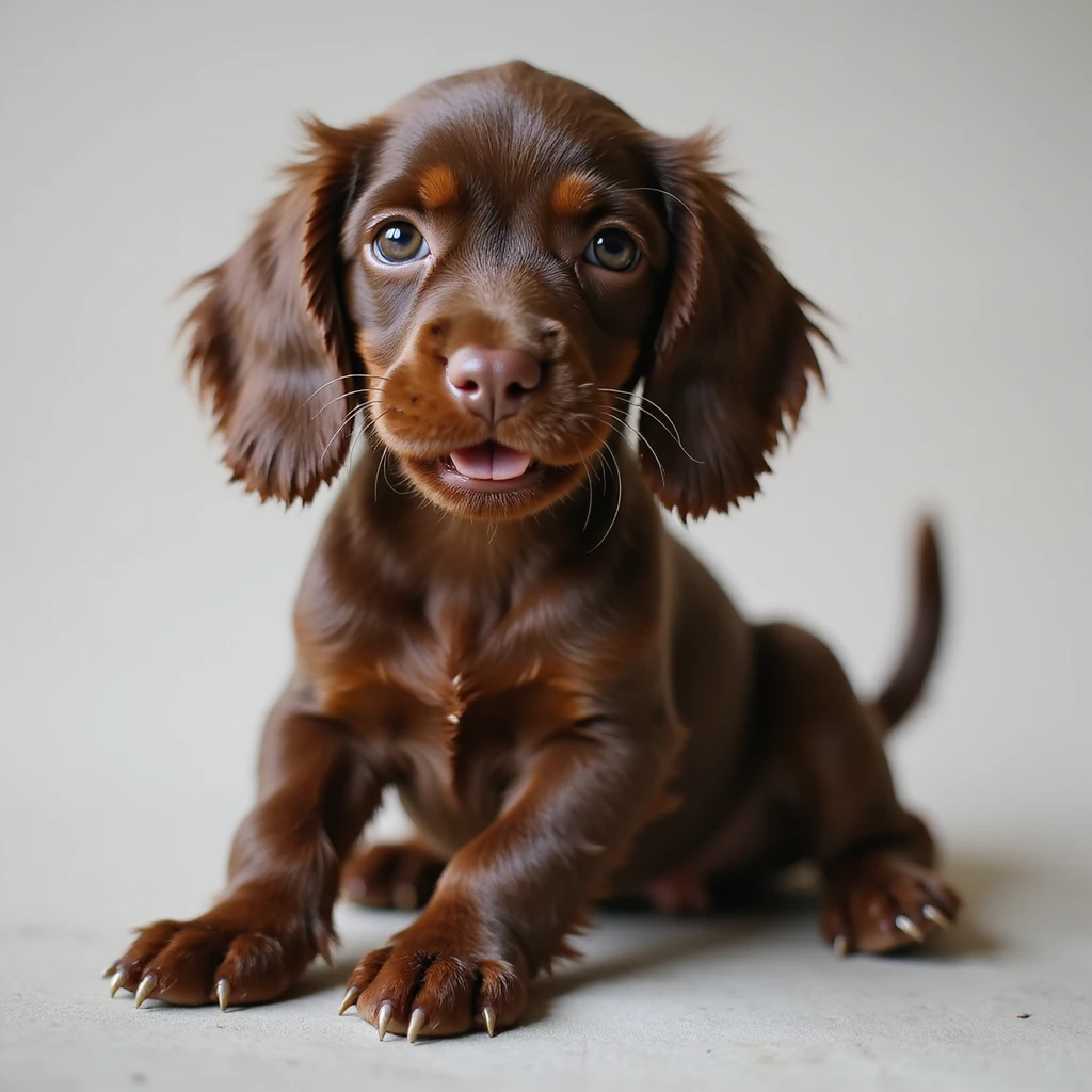 realistic chocolate tan English cocker spaniel puppy, playful pose, big eyes, soft fur, photorealistic style emoji
