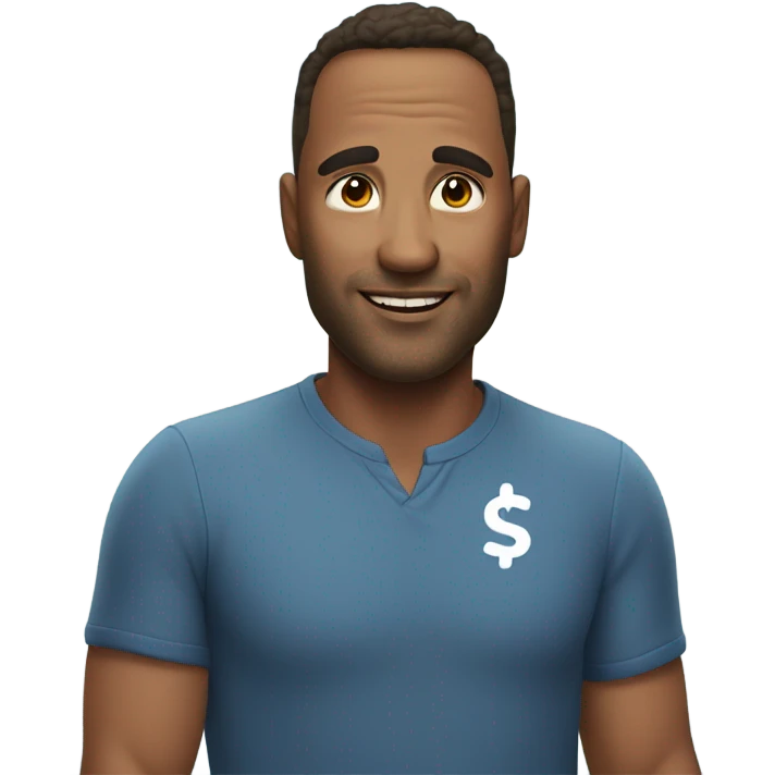 Handsome 40 year old man under blue sky with a $ symbol on his forehead  emoji