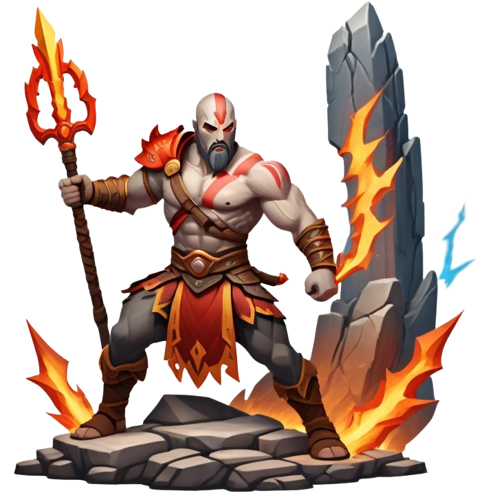 An icon showing a powerful warrior wielding a weapon, ready for battle, inspired by God of War: Ragnarok. The design features a fiery, war-torn landscape with broken statues and lightning in the sky, symbolizing epic combat. Transparent background highlights the action. emoji
