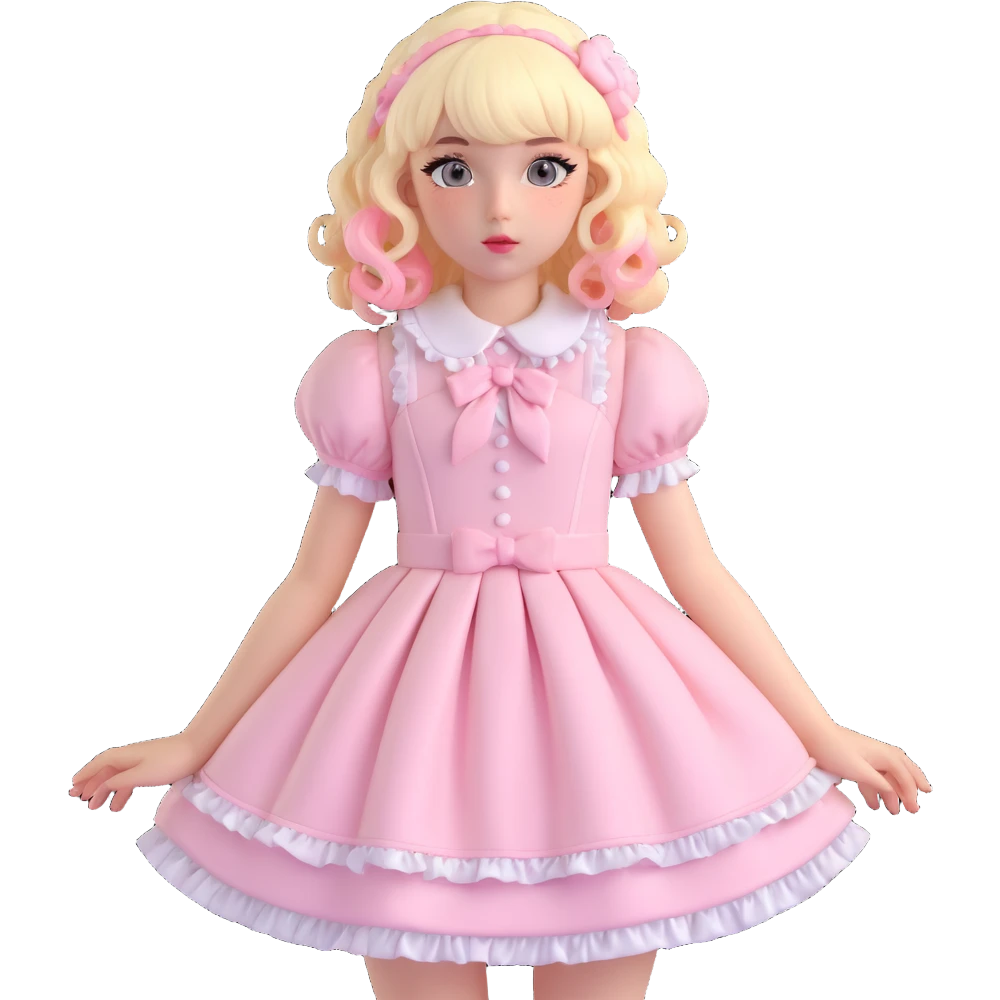 pale girl , who has curly medium length blonde and baby pink swirled hair with bangs , grey eyes , and doll like makeup , in a light pink lolita hime gyaru dress  emoji