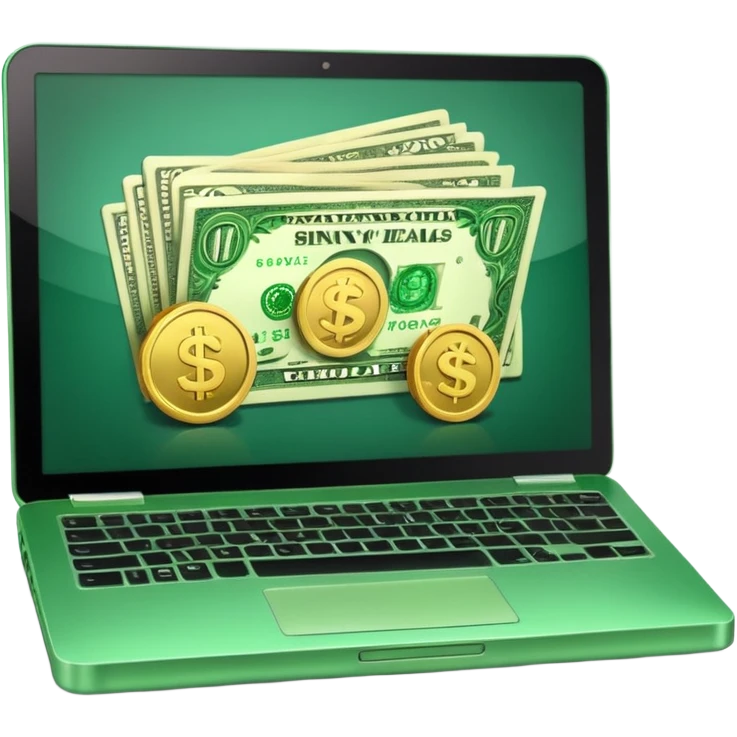 green laptop with black friday deals with coins and money tab open on it emoji