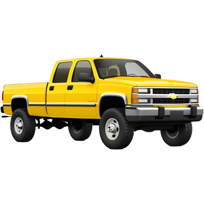 Minimalist bright yellow 1997 Chevrolet C-2500 Crew Cab Silverado truck, three-quarter view at 30 degrees, simplified design, same yellow color as in Kill Bill movie, iOS emoji style emoji