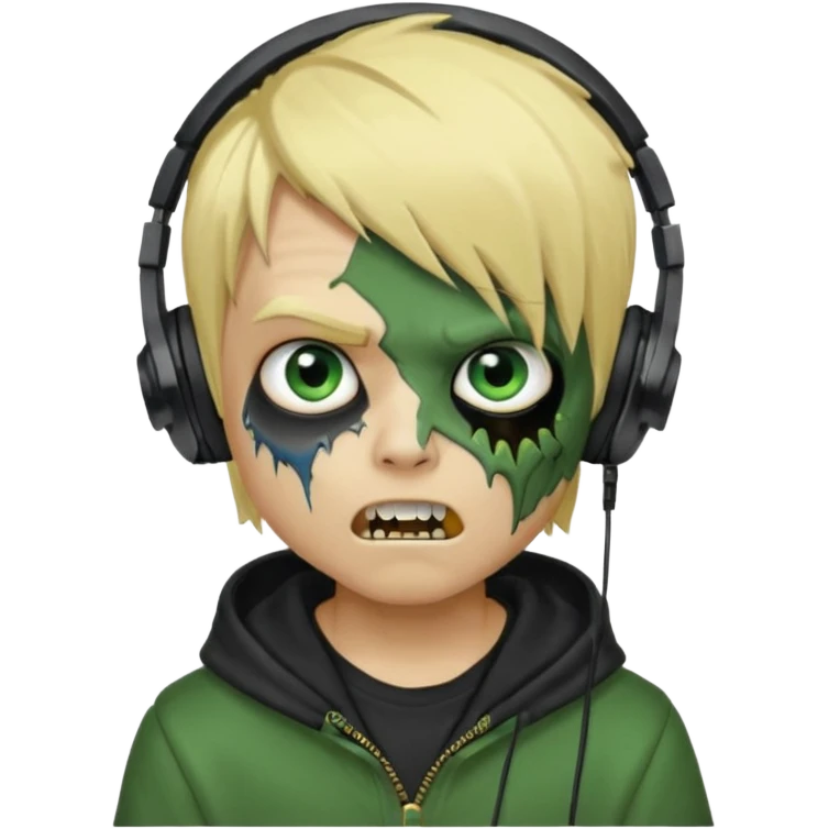 boy zombie whit blonde emo hair and eyes blue and GREEN SKIN and heandphones black AND A MICROFONE AND GOLD TEETH and agesive face and the hoodie black  emoji