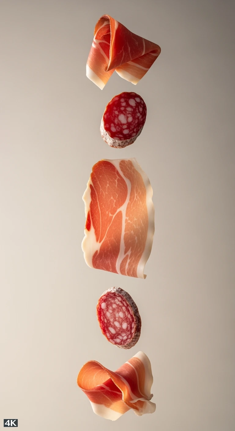 fettine di prosciutto cotto e di salame fluttuano in aria verticalmente, IPERREALISTICA 4K emoji