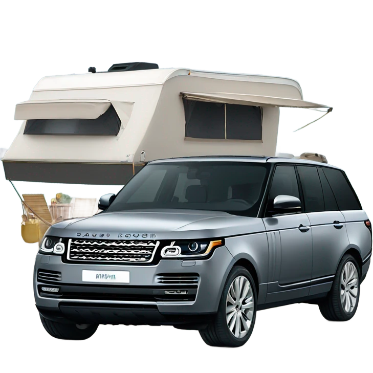 Grey Range Rover with a Leader Gold LE Caravan emoji