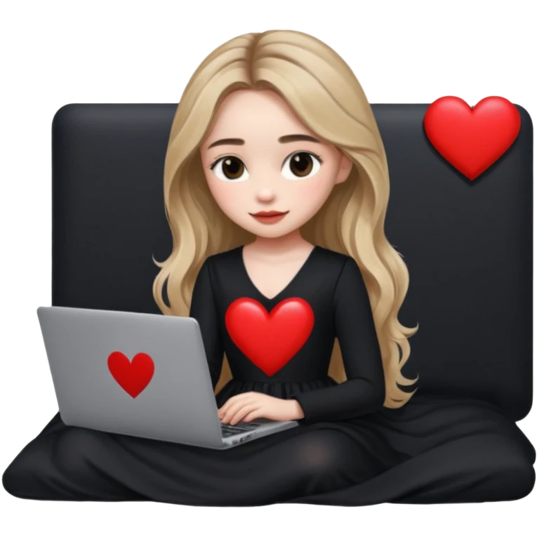 Sabrina carpenter in a black nightdress sitting on a bed with her laptop open and there is a heart on her laptop  emoji