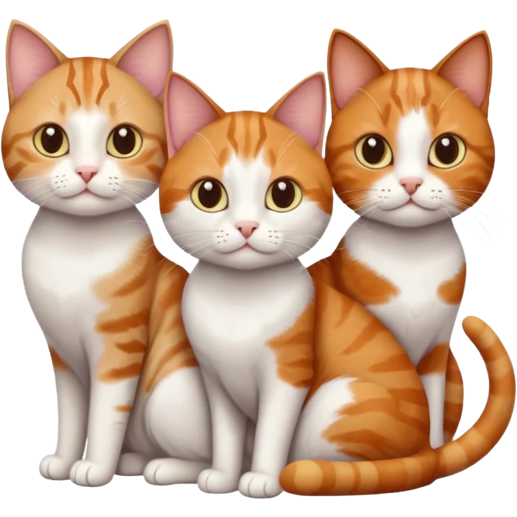 3 sibling cats all different natural colours; 1 is ginger and white, the next is brown tabby and white and the third is a calico emoji