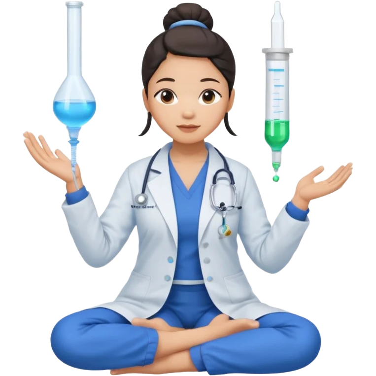 emoji of an asian woman with a single bun in a blue lab coat sitting cross legged with dna levitating above one hand and a micropipette above the other hand emoji