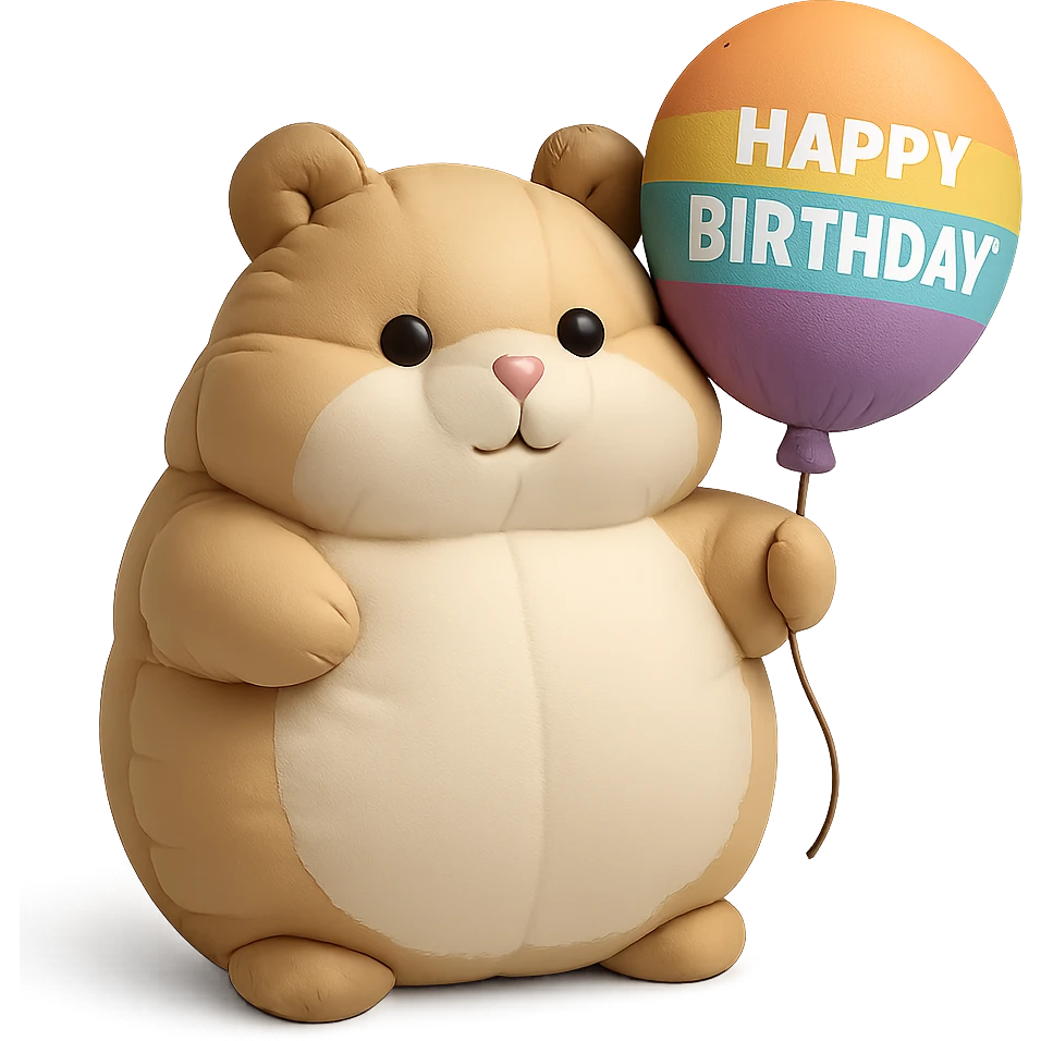 hamster holding a colorful balloon with 'Happy Birthday' text, cushion style emoji