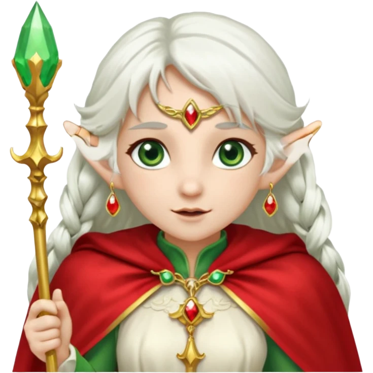 an elf with very white hair and two long PONYTAILS on the side of her head, she has a curtain bang, green eyes, she has a white cape with golden borders and a scepter with a red orb, she has earrings that look like red drops emoji
