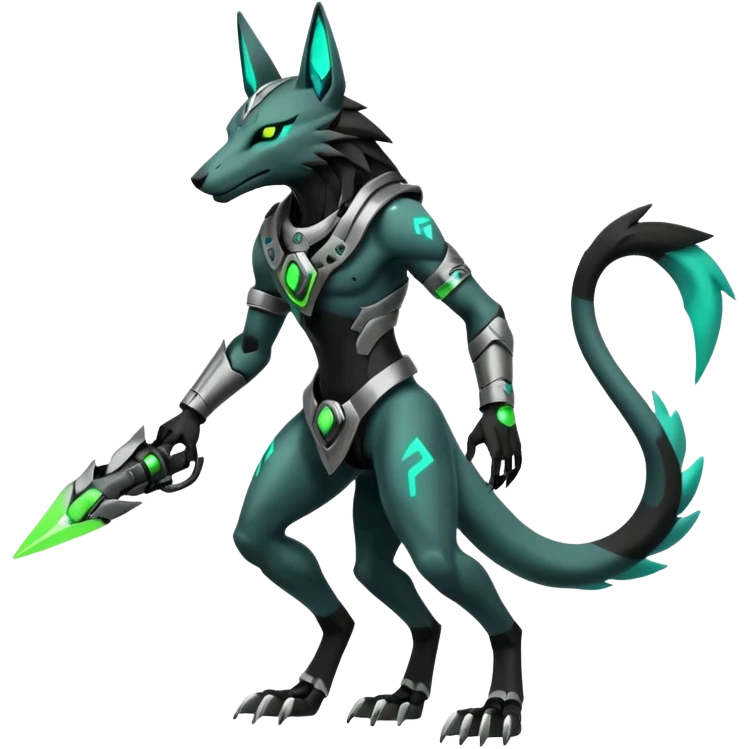 Black and green cyberpunk intricate neon glowing grey white futuristic cyborg-Anubis-Zeraora-Zoroark-fusion (full body) emoji