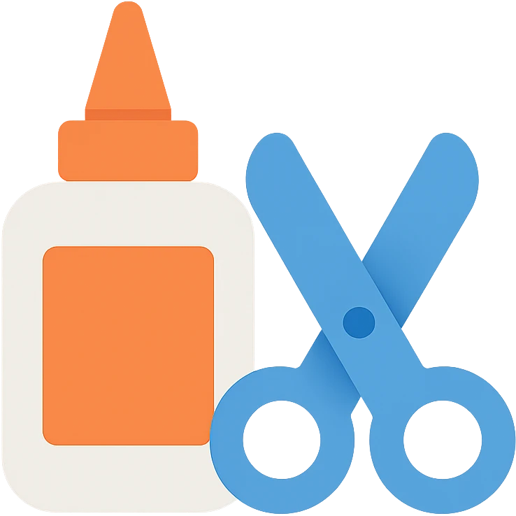 bottle of glue with orange label and tip and a pair of blue scissors, flat toon vector illustration emoji