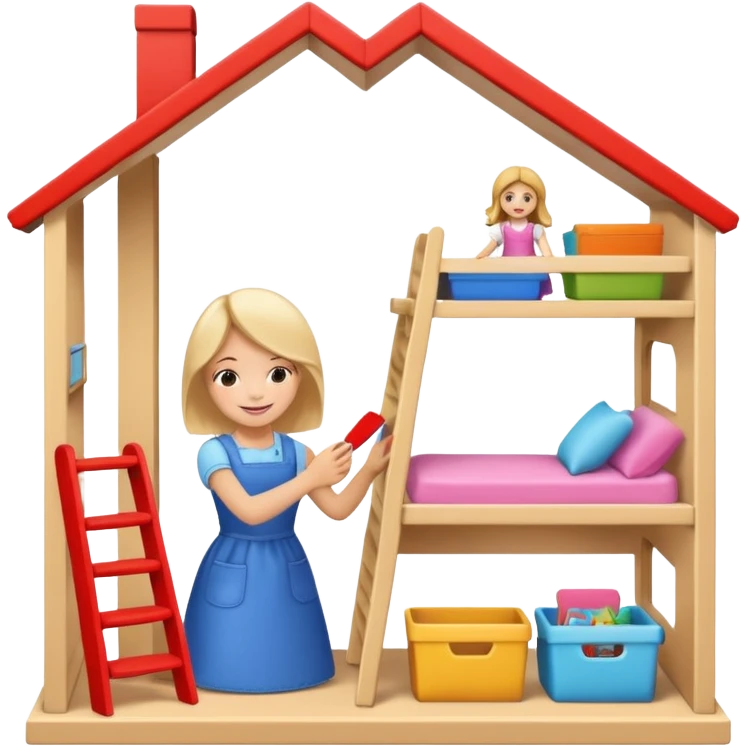 smiling girl arranging furniture in doll house emoji