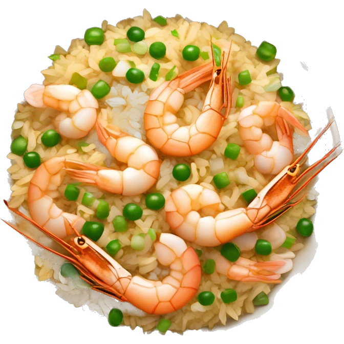 a freshly cooked bowl of gold prawn egg fried rice garnished with sliced garlic and spring onions emoji