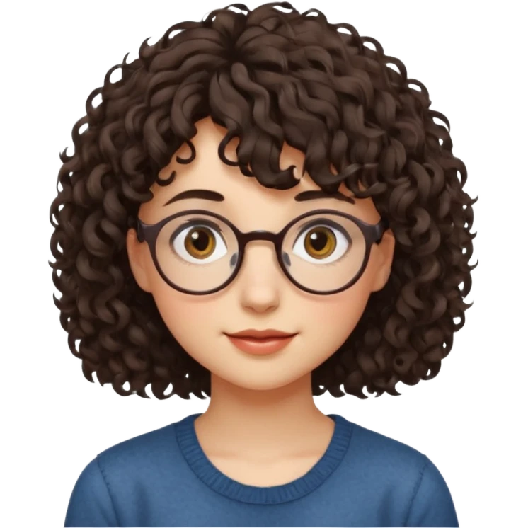 Koyu renk, dağınık kıvırcık saçlı, kısa kahküllü, yuvarlak gözlüklü ve büyük kahverengi gözlü bir genç kadının yüzünü gösteren emoji tarzı illüstrasyon. Hafif bir gülümseme veya tatlı bir sırıtış ifadesi var. Cilt tonu açık. emoji