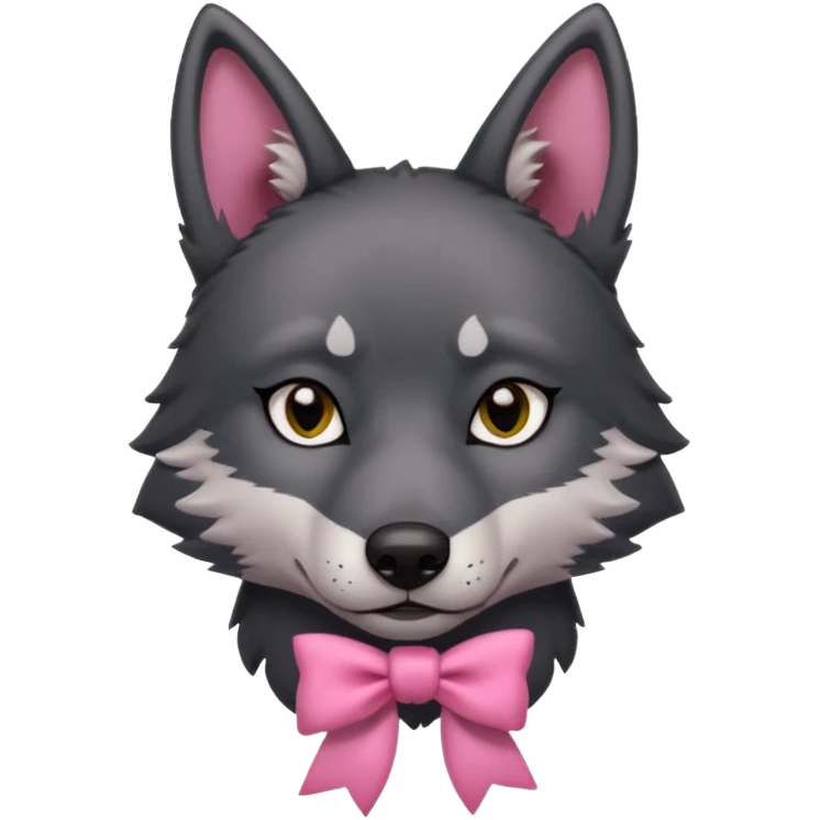 Pleading sad Face cute dark grey  black wolf with a pink ribbon on his ear head emoji