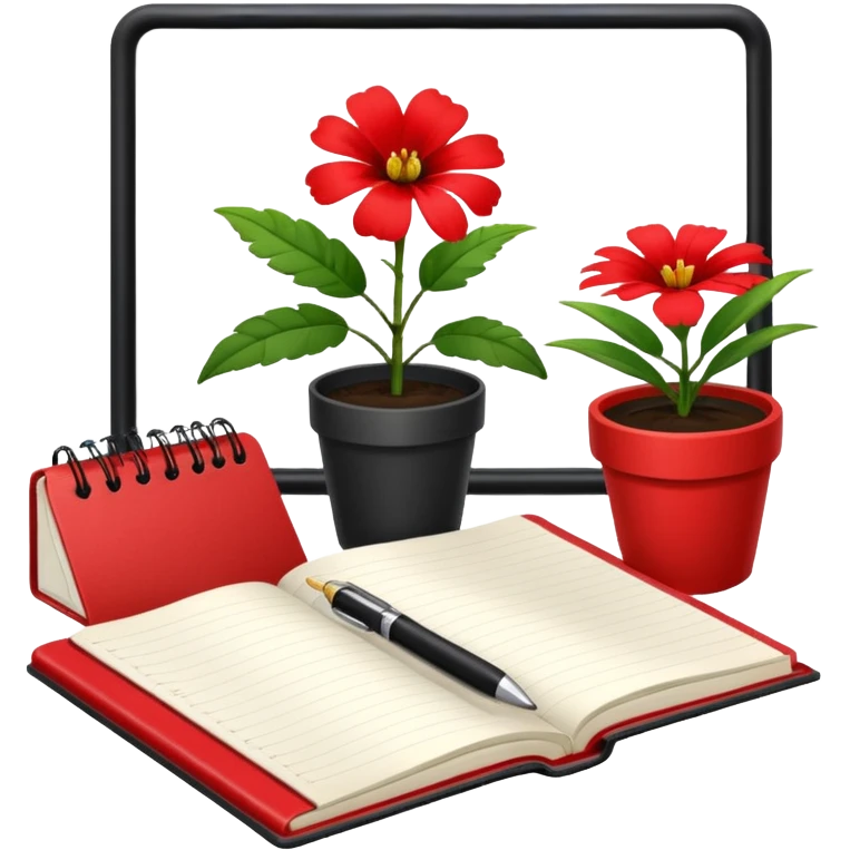 F U E R A    DE    O F I C I N A y detrás un escritorio moderno, con una notebook, una agenda y una planta con una flor emoji