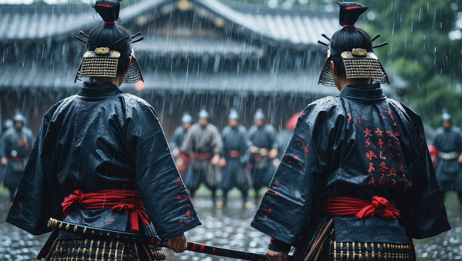 A cinematic scane of a two japan samurai ready to fight during rain, deph composition, tense atmosphere, shot by arri alexa emoji