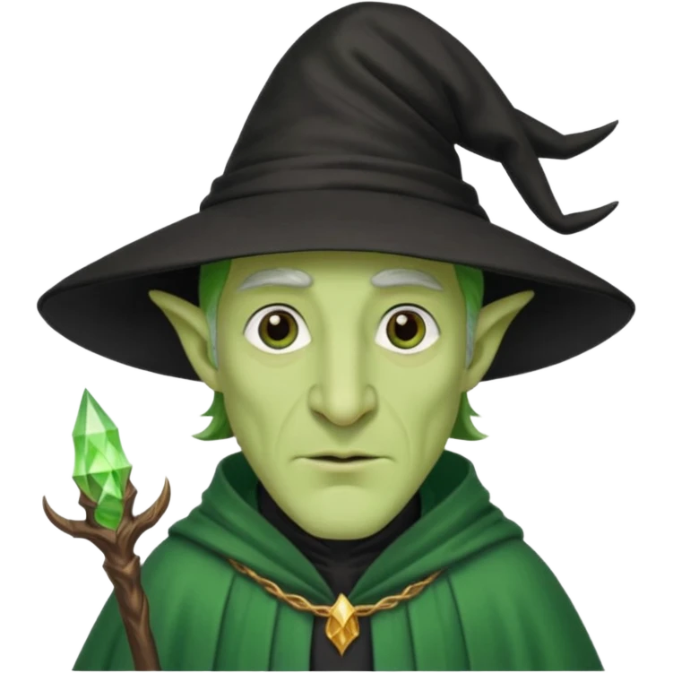 Green-skinned male wizard with a long nose, wearing a black hat and robe emoji