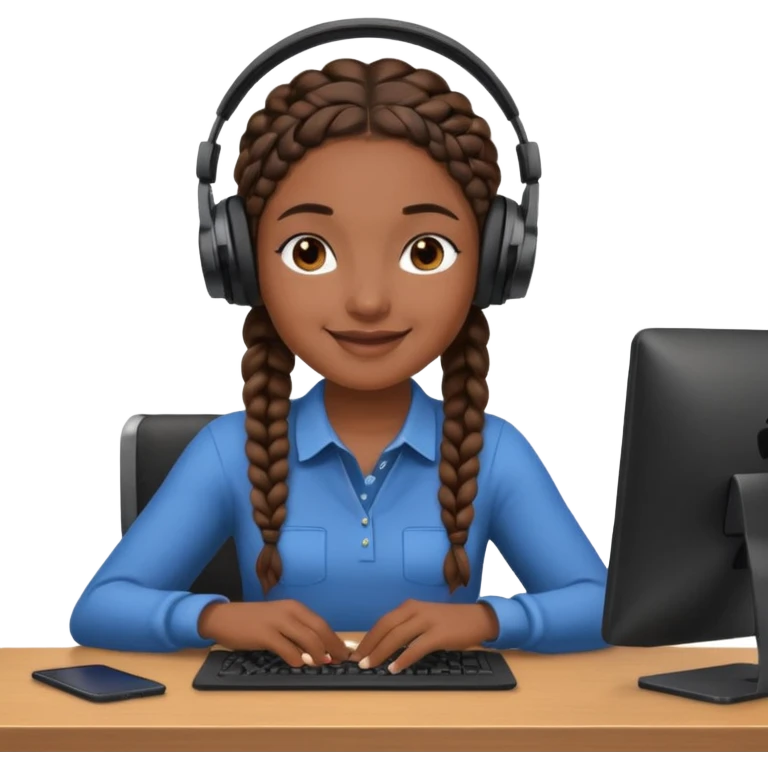 realistic dark brown skinned female with braids sitting at a desk with headphones on emoji