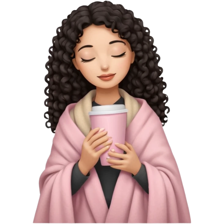 hispanic woman, black long 3b curls, closed eyes, feminine face, holding soft pink coffee cup with beige blanket over shoulders emoji