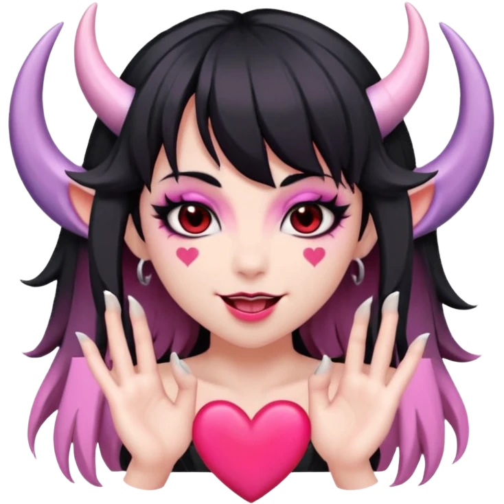 succubus,-pink-irises,-heart-pupils,-black-shaggy-hair,-straight-across-fringe,-grey-skin,-white-horns-curving-towards-forehead,-succubus-horns,-flirty-smile,-full-lips,-black-lips,-cute-fangs emoji