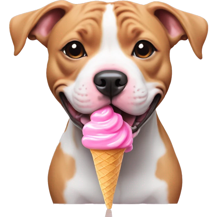 Smiling baby pink Staffordshire bull terrier eating bubblegum ice cream on a rainbow ball emoji