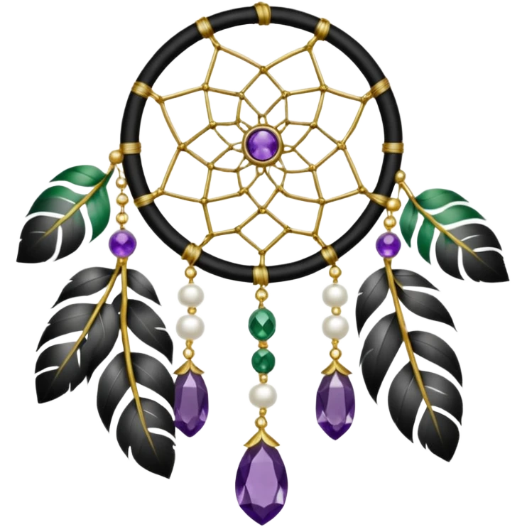 Black and white dreamcatcher with amethyst crystals, gold pearls, and green plants emoji
