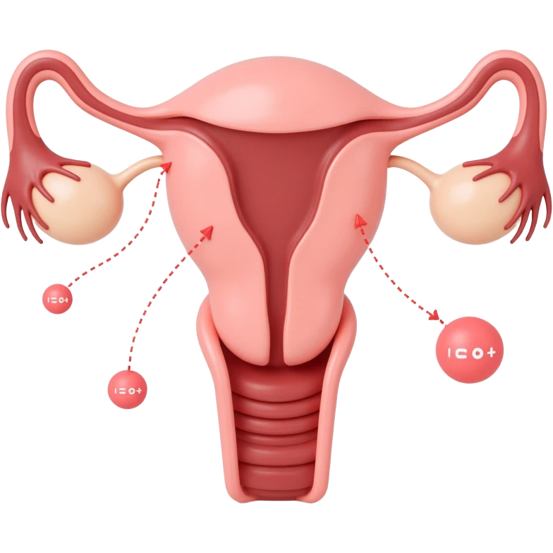 realistic illustration of polycystic ovaries with lines connecting to hormone symbols, explanatory emoji