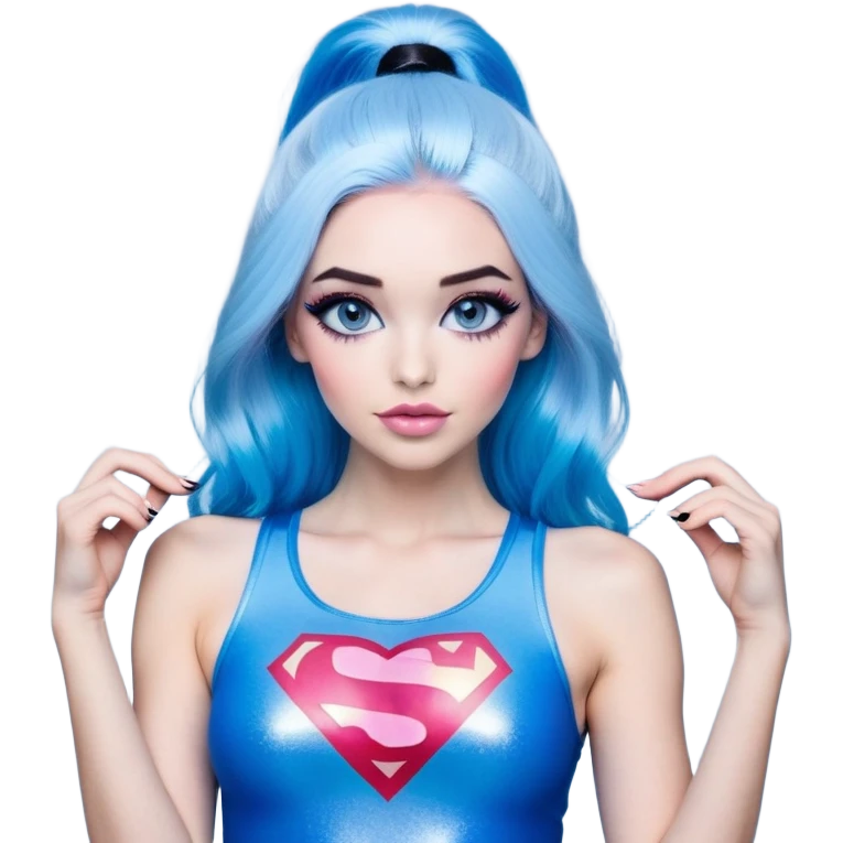 show all body-very very large chest-hands making heart-long legs-model beautiful face-black leggings-hands making heart emoji-light pink lips-very long straight-dark-blue to sky blue ombre hair-and-blue-eyes-thick-black-eyeliner-thick-long-eyelashes-sky blue with glitter superman low cut tanktop emoji