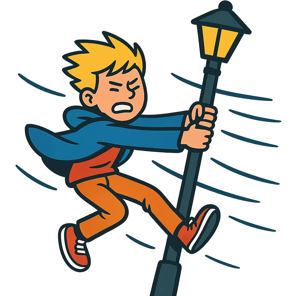 blond boy, 13 years old, clinging to a lamppost in extreme wind emoji
