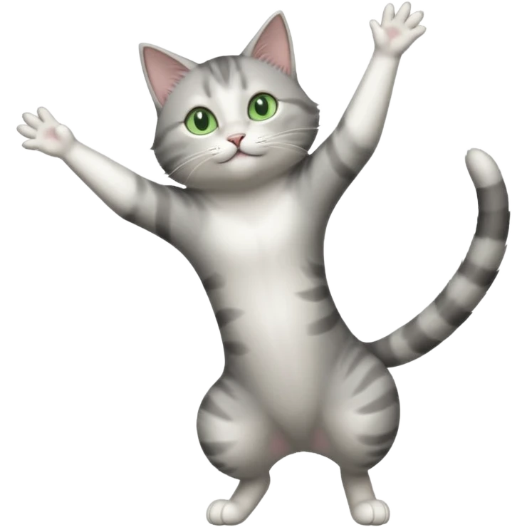 grey and white cat with green eyes doing a big extremely long stretch reaching up into the air with arms and legs side by side together straight and overextended emoji