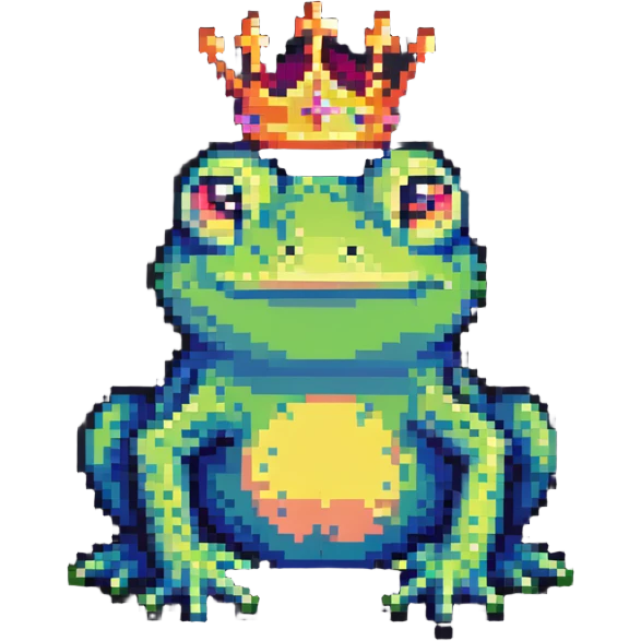 cartoon frog with a small crown, simple and colorful, pixel art style emoji