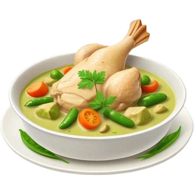 Green Chicken Curry Cinematic Realistic Green Chicken Curry Dish Emoji, depicted as tender chicken chunks simmered in a fragrant green curry sauce with vegetables, rendered with vivid textures and dynamic, vibrant lighting. emoji