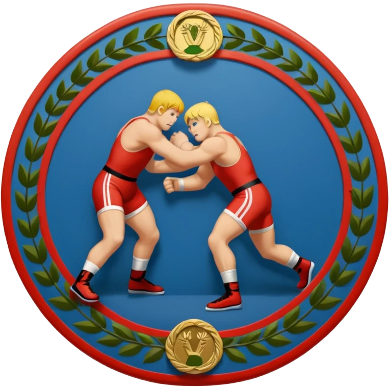 An icon symbolizing wrestling combat sports in the style of an emblem. The design features two wrestlers locked in a powerful grapple, one attempting to take the other down. Surrounding the scene are stylized elements like a championship belt, wrestling mat, and a laurel wreath. emoji