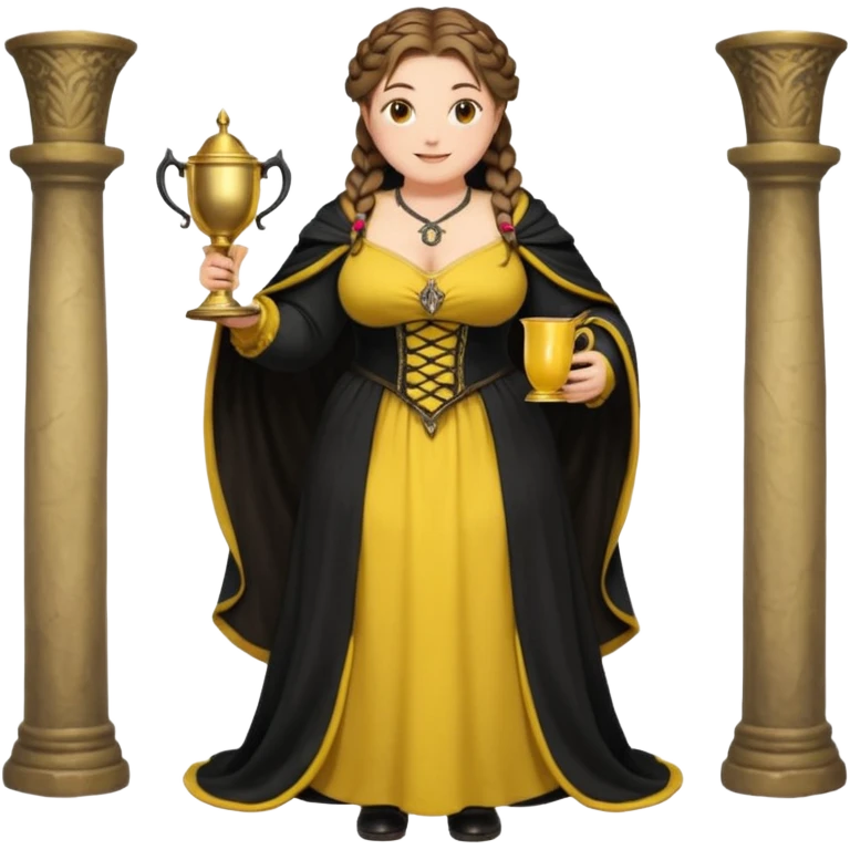 Helga Hufflepuff,brown-haired,2 braids,yellow-black medieval open dress,deep neckline,fat macromastia,black cloak decorated with gold braiding,gold cup with two handles,very kind smile,curvy busty sweet woman,round rosy cheeks,full length with medieval shoes emoji