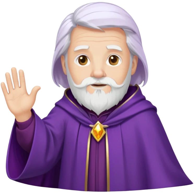 Middle aged wizard with a purple cloak, short white hair and a medium sized white beard waving hello  emoji
